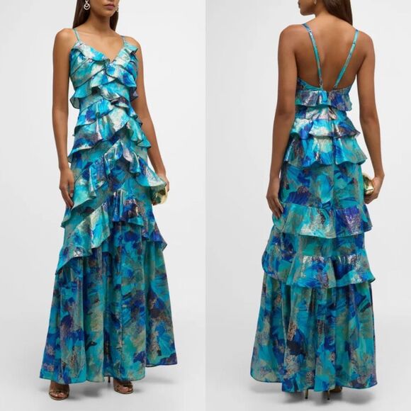 NWT Ramy Brook Ruffle Tiered Metallic Jacquard Harlen Gown Blue Size 2 $795